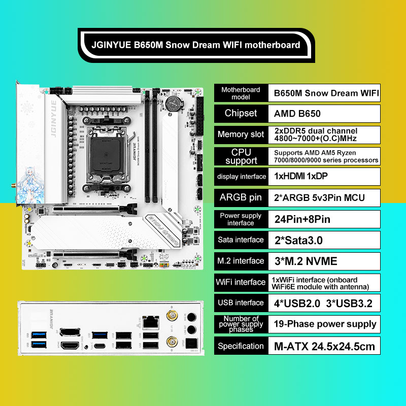 JGINYUE B650M 스노우 드림 WIFI 6E 마 - Am5 Micro Atx Pcie 5.0 Motherboard 리뷰 및 가격